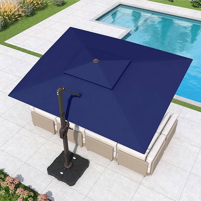 10x13 FT Cantilever Patio Umbrella with Led Lights Double Top Outdoor Rectangular Large Heavy Duty Aluminum Offset Umbrellas with 7 Level Tilt 360-degree Rotation for Pool Garden Deck, Navy