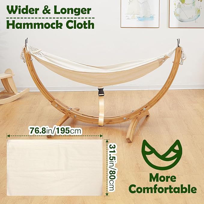 FUNLIO Wooden Hammock with Stand for Kids 3-5 Years (Height < 3.9ft/120cm), Premium Solid Wood Kids Hammock Chair Stand, Stable Structure, Wider & Longer Children Hammock, 220lbs Capacity