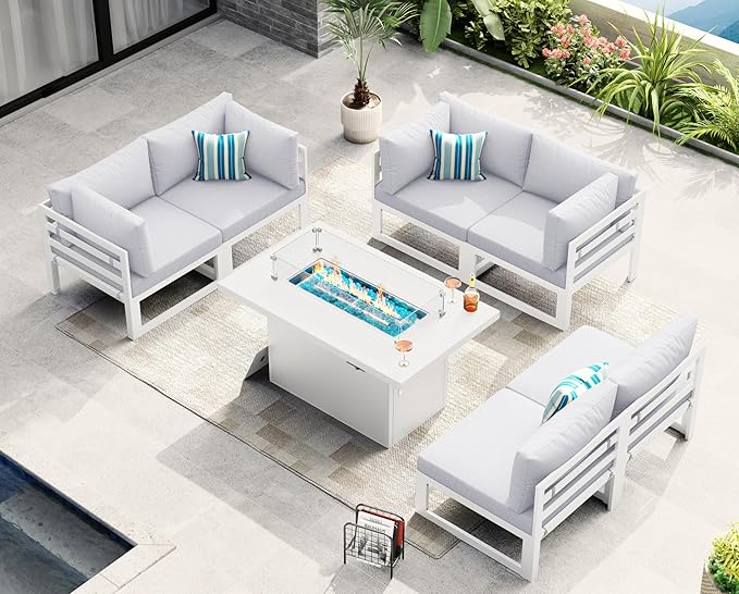 NICESOUL 7 Piece Luxury Aluminum Outdoor Sectional Sofa with Fire Pit Table, Oversized L Shaped Patio Furniture Set, 29" Deep Wide Seating, 500 lbs Heavy Duty Conversation Set for Backyard, Light Grey