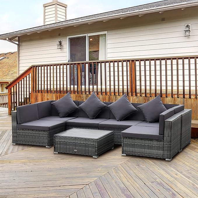 Outsunny 7-Piece Patio Furniture Sets PE Rattan Sectional Sofa Set Outdoor Conversation Set w/Acacia Top Coffee Table & Cushion for Garden, Backyard, Grey