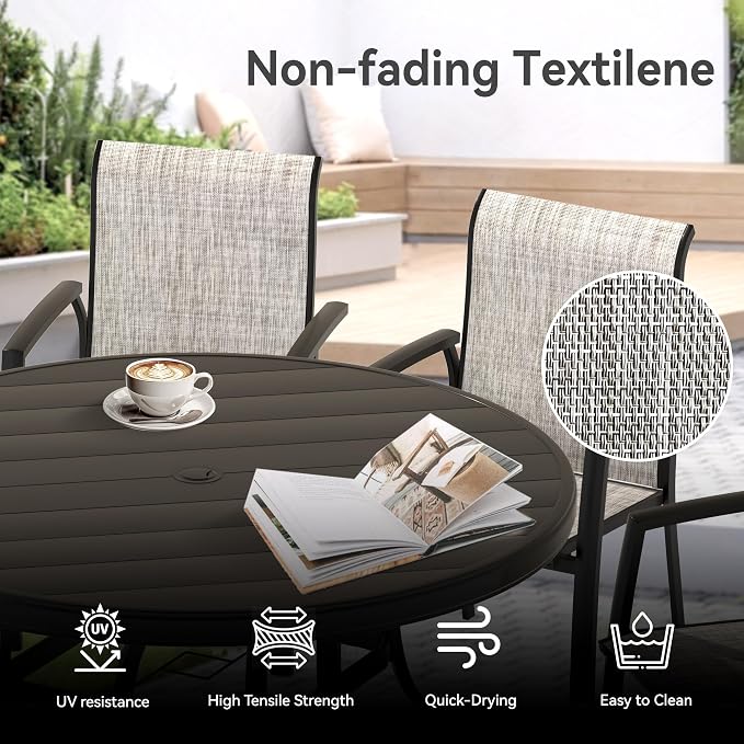 LUMISOL 7-Piece Outdoor Patio Dining Set, Patio Furniture Set with 4 Patio Stackable Dining Chairs and 40.6” Outdoor Metal Round Table, Black+Grey