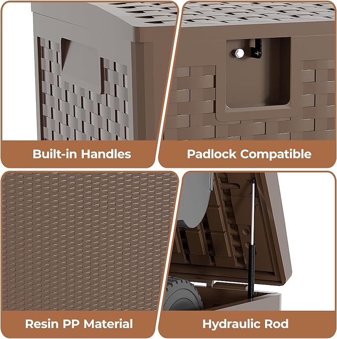 Resin Deck Box, 73 Gal Outdoor Storage Box Waterproof Lockable, Patio Square Deck Box For Package Delivery, Outside Storage Box Container for Furniture Cushions, Garden Tools, Pool Accessories, Brown