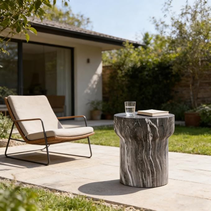 Stone Side Table,Round Faux Marble Side Table,Modern Small Stone End Table for Balcony (Dark Gray-16-4)