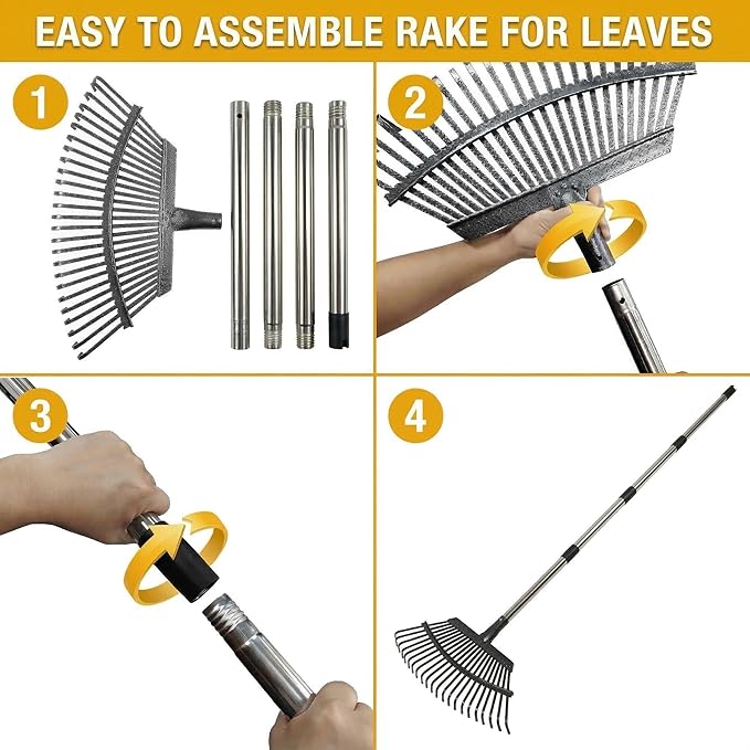 Heavy Duty Metal Bow Leaf Rake for Yard & Garden - 20" Wide Head with 25 Steel Teeth, 40-68" Adjustable Stainless Steel Handle, Rust-Resistant Garden Yard Rake for Leaves, Grass, Debris & Lawn Cleanup