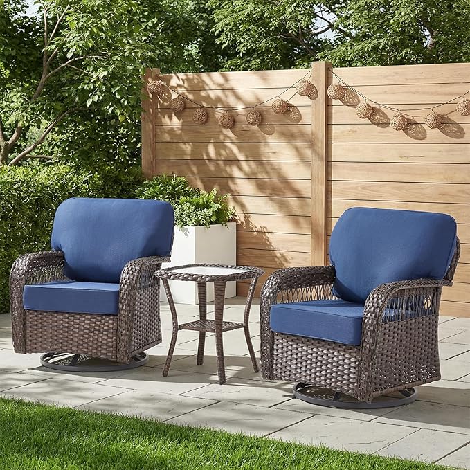 Belord 3 Piece Patio Set,Swivel Patio Chairs Set with Side Table, All-Weather Wicker Backyard Balcony Porch Seating Group,Blue