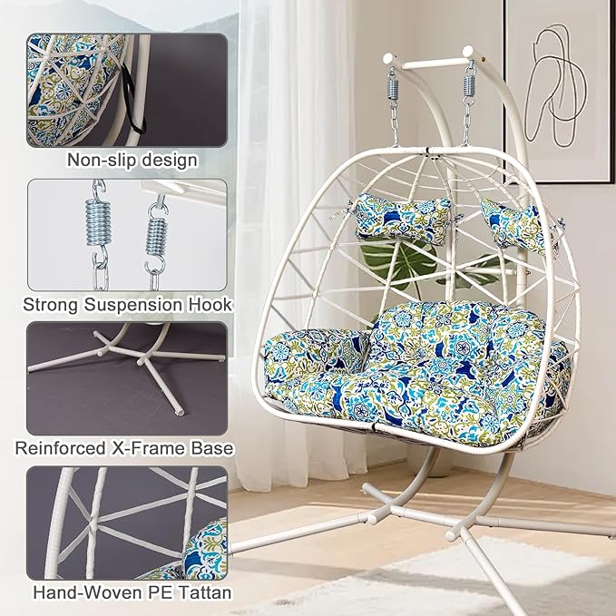 Double Egg-Shaped Hammock Chair with Stand Swing Egg Chair, Wicker Hanging Chair with Washable Cushion Sturdy Metal Stand, 600lbs Capacity for Indoor Outdoor Patio Living Room Etc(White+Morocco Dream)