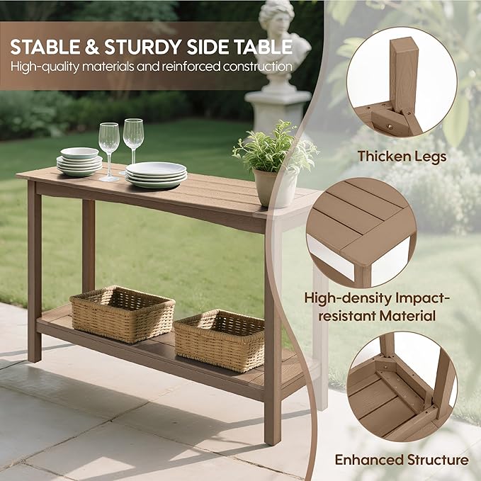 Weatherproof HIPS Outdoor Console Table, 48'' 2-Shelf Side Table Indoor/Outdoor Use, Multifunctional Buffet Table Bar Storage Organizer for Entryway, Patio, Outside Plant Stand Table, Brown