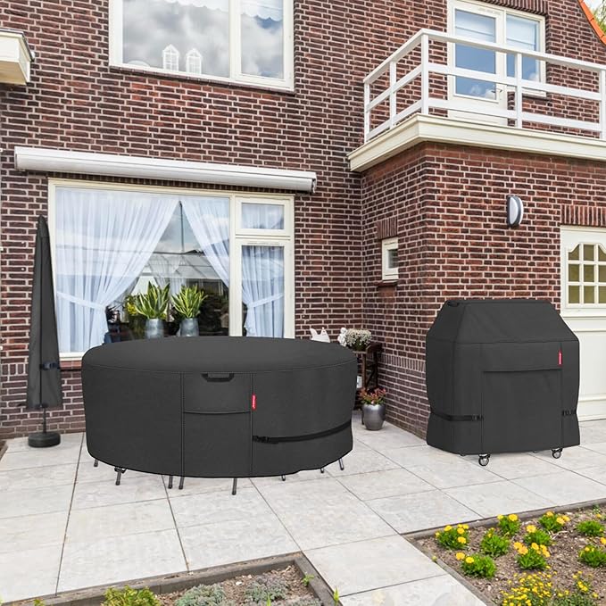 Porch Shield Round Patio Furniture Cover - Waterproof 600D Heavy Duty Outdoor Table and Chairs Cover 62 inch, Black