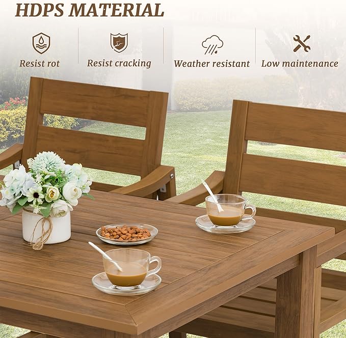 Cozyman Patio Table and Chairs Set, HDPS 5-Piece Outdoor Dining Set, Patio Furniture for Deck, Poolside, and Backyard, Teak Color-Oil Printed