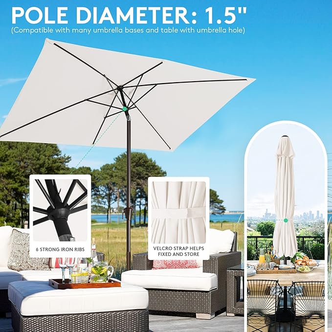 JEAREY 6.5x10ft Olefin Rectangular Patio Umbrella, Rectangle Outdoor Umbrellas with Auto Tilt Crank System, Market Table Umbrella UV Protection Fade-Resistant for Pool Deck Garden Yard, Cream White