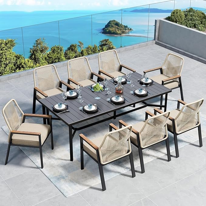 SUNSHINE VALLEY 83" Patio Table for 8,Large Rectangle Patio Dining Table with Umbrella Hole,E-Coating and Powder Coating Steel Frame Metal Outdoor Patio Table for Garden Backyard Lawn Yard