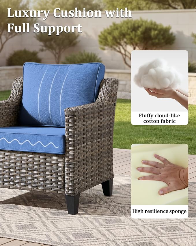 Outdoor Furniture Set of 3, Patio Furniture Sofa and Ottomans, High Back&Deep Seat for Garden Deck Porch Balcony Backyard - Blue