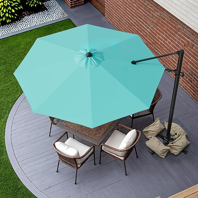 Greesum 10FT Outdoor Patio Umbrella with High Pedel and 4 Gear Heights, Large Offset Market Umbrella with 360-degree Rotation, Without Base, Hanging Outdoor Shade for Garden, Lawn, Pool, Light Blue
