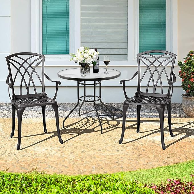 32'' Outdoor Patio Table, Bistro Table with Tempered Glass Table Top and Umbrella Hole Steel Frame Outdoor Furniture Party Conversation Coffee Table for Garden Backyard Balcony Lawn