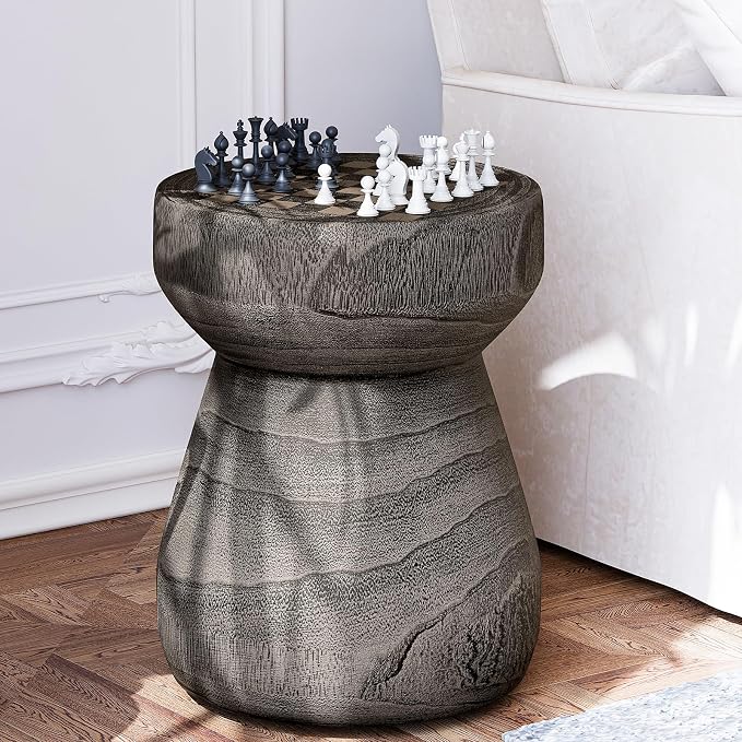 SUNBURY Outdoor Side Table, 14" Small Outdoor End Table, Patio Side Tables w Chessboard, Round Outdoors Concrete Side Tables, Garden Stool Plant Stand for Porch, Backyard, Grey