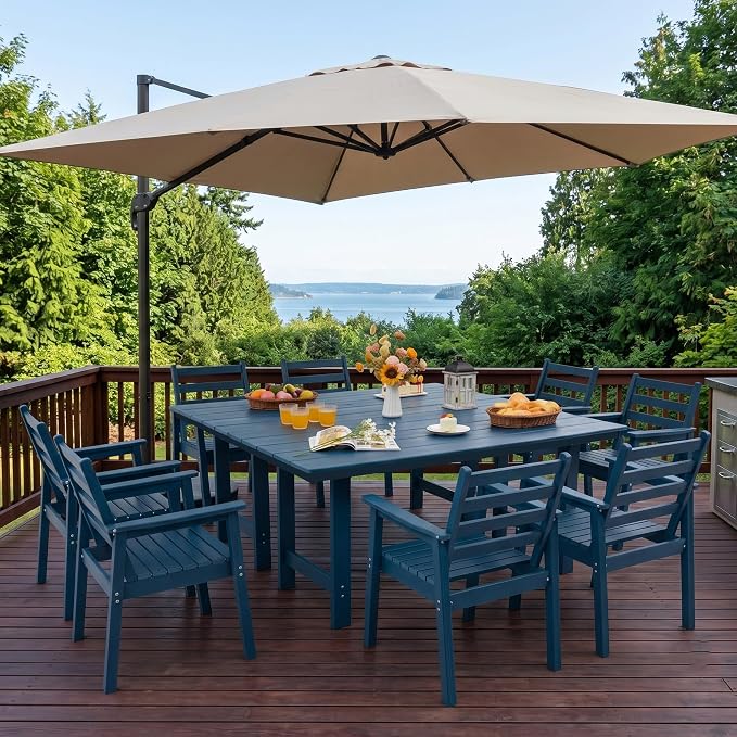 10-Piece Outdoor Dining Set, All-Weather HDPE Patio Furniture, Two 66.5" Slatted Table with 1.6" Umbrella Hole & 8 Ergonomic Armchairs, Heavy Duty 350lbs Capacity, UV Resistant, Blue