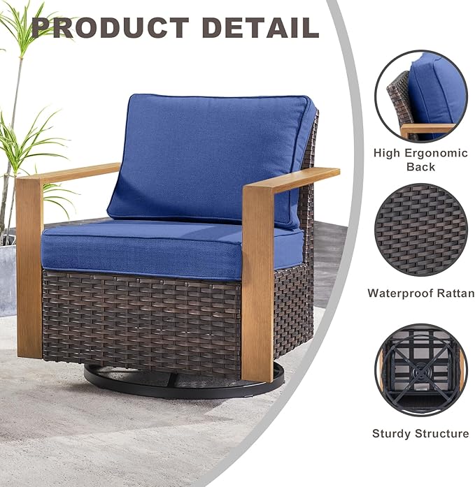 Rilyson Outdoor Wicker Patio Furniture Set - 4 Piece Patio Conversation Set with 2 Wicker Swivel Rocker Chairs,2 Rattan Ottoman, Thick Cushions, Deep Seating, Wide Armrest(Brown/Blue)