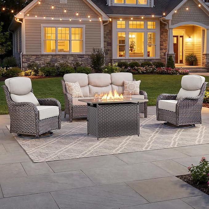Luxury Patio Furniture Set with 6-inch Thick Cushion, Outdoor Furniture with Fire Pit Table, Swivel Chairs, Sofa, 4pcs Wicker Conversation Set for Deck Yard and Poolside(Beige)