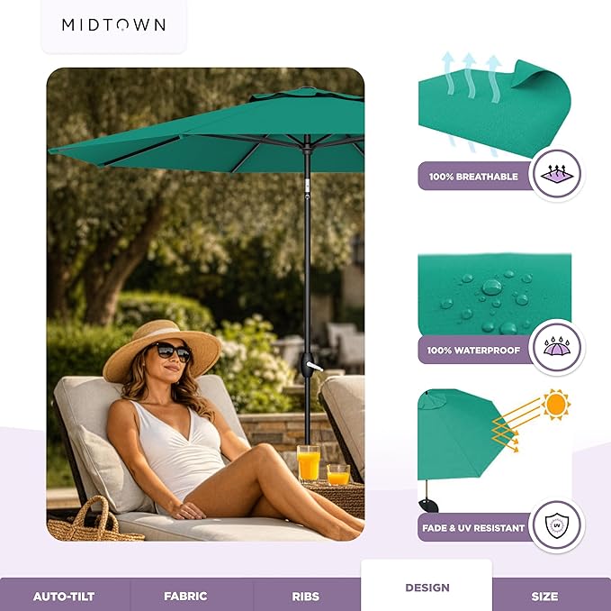 Midtown Umbrellas - The Lean 10 Ft Patio Umbrella with Fade-Resistant Sunbrella Fabric, Auto-Tilt Aluminum Frame and 8 Reinforced Ribs for Deck, Pool & Garden - Canvas Glacier Canopy, Black Pole
