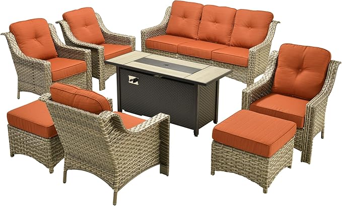 Outdoor Patio Furniture Sets, 8 PCS Patio Conversation Set Outside Rattan Sofa with 54 in Fire Pit Table Comfy Cushions Fit Backyard Porch Garden Poolside Balcony,Coarse Stripes Red