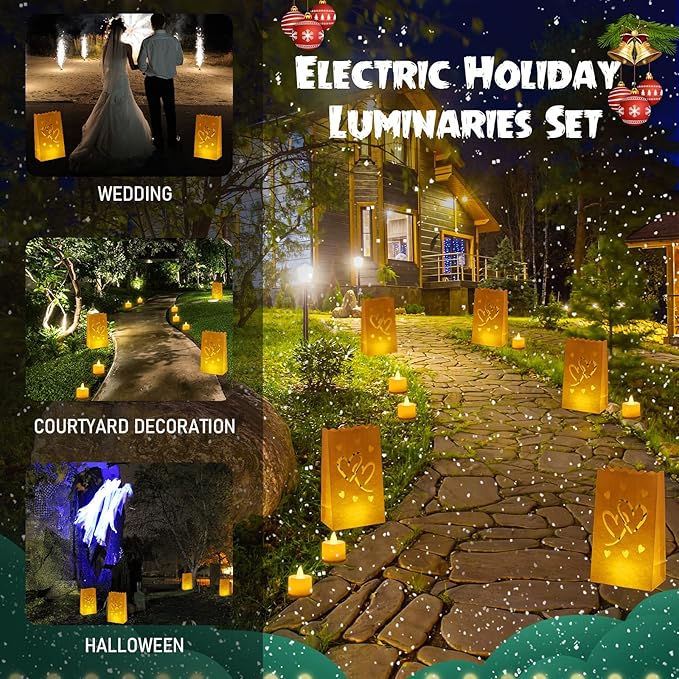 Sabary 50 Sets Luminary Bags with Flameless Tea Lights Outdoor Luminaries LED Lantern Candle Bags for Wedding Birthday Ramadan Christmas Party Decorations Romantic Decor(Romantic Heart)