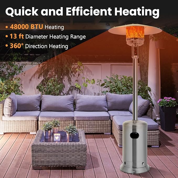 HAPPYGRILL Patio Heater, 48,000 BTU Outdoor Propane Heater with Wheels, Reflective Cover, Triple-Over Protection, Portable Stainless Steel Patio Heater for Outdoor Use, Garden