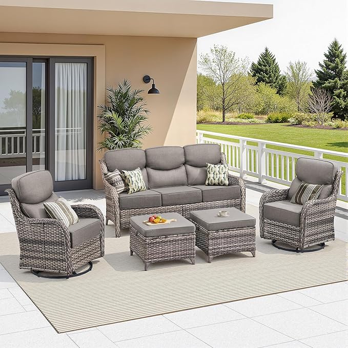 Luxury 5 Pieces Outdoor Patio Furniture Set-High Back Swivel Rocker Patio Chairs with Sofa and Ottomans, 6-inch Extra Thick Cushions Wicker Outdoor Conversation Set for Garden Porch(Grey/Grey)