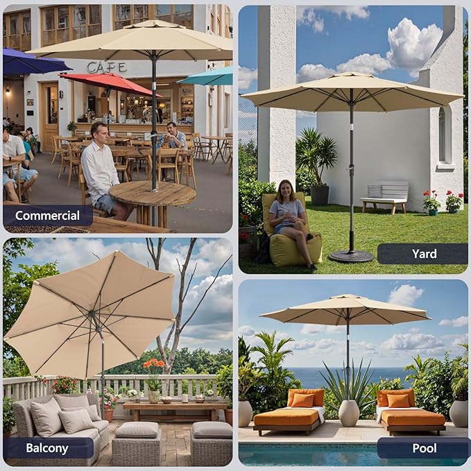 Outdoor Patio Umbrella with One Push Button Tilt and Crank, 8 Sturdy Ribs Market Table Umbrella