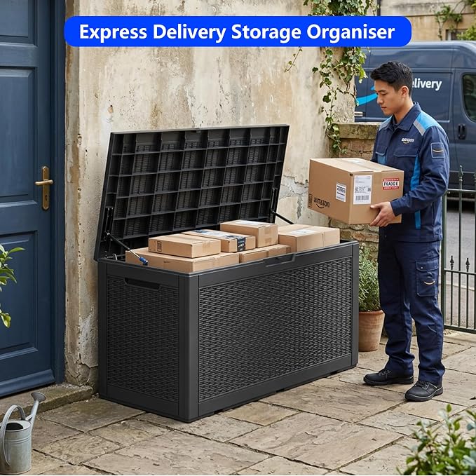 100 Gallon Resin Deck Box All Weather Outdoor Storage Box for Patio Furniture, Garden Tools, Lockable, Black