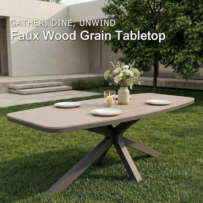 SUNSITT 7 Piece Outdoor Patio Dining Set, Patio Dining Furniture Set with 87” Aluminum Dining Table w/X Base Legs and 6 Woven Wicker Patio Chairs w/WPC Armrests for Garden, Dark Grey