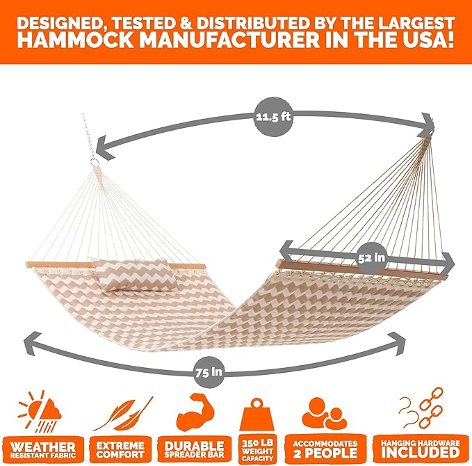 Castaway Living Large Beige Chevron Quilted Polyester Hammock – 11.5 ft. x 52 in., 350 lb Capacity, Pillow, Storage Bag, Extension Chains & Tree Hooks – Outdoor Comfort & Style