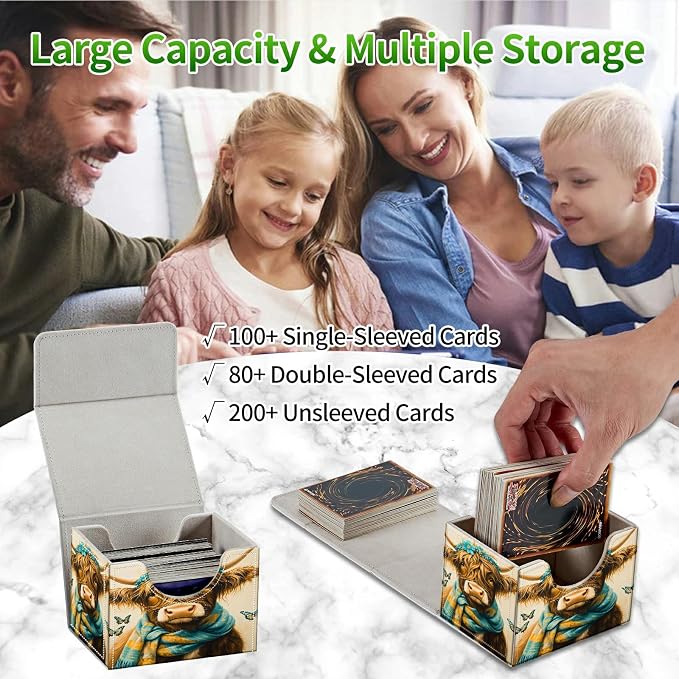 Card Deck Box for MTG, Cards Storage Box Fits 120+ Sleeved, Leather Small Size Strong Magnetic Closing Card Case for Board Games Magic TCG CCG Baseball Collection, Blue Towel Cow