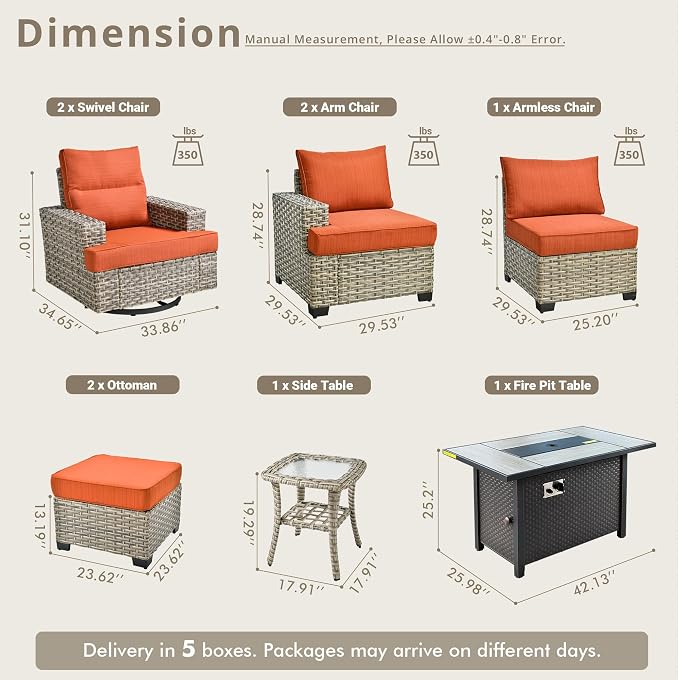 Weaxty 9 Pieces Wide Seats Outdoor Furniture Set, Sectional Couch Swivel Rocking Chair Ottoman Fire Pit Table, Thick Cushion All-Weather Rattan Patio Conversation Sets for Backyard Deck, Orange Red