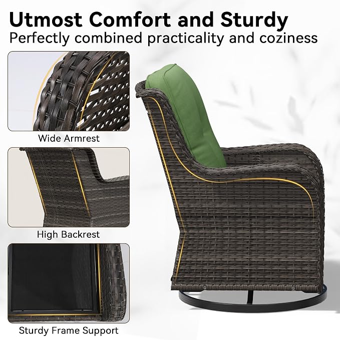 3 Piece Outdoor Wicker Patio Furniture Set, Swivel Rocker Patio Chairs Set with Thickened Olefin Cushions, High Back and Deep Seating, Hand-Woven PE Rattan for Porch, Deck