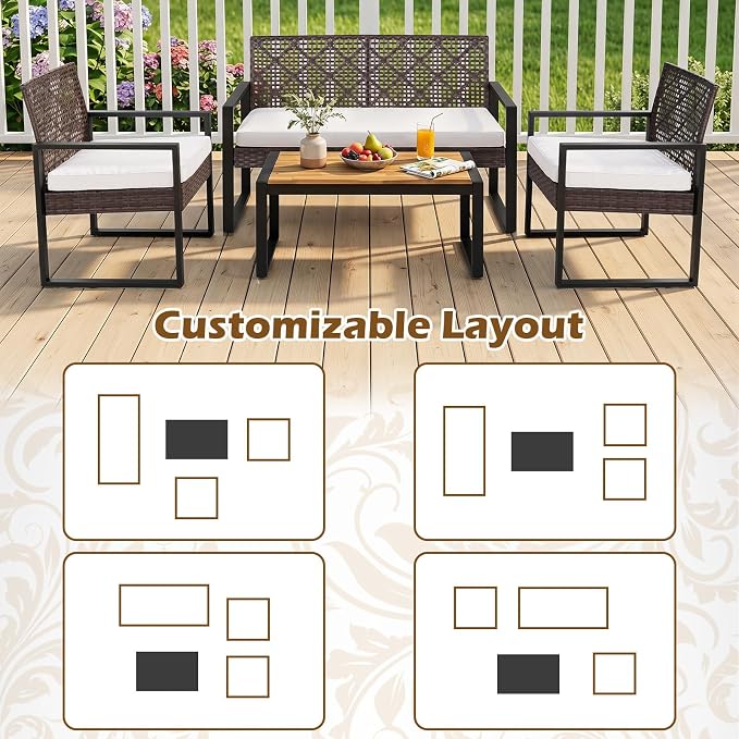 Tangkula 4-Piece Patio Conversation Set, Outdoor Furniture Set w/2 Single Chairs, Cushioned Loveseat & Acacia Wood Coffee Table, PE Wicker Seating Set w/Metal Frame & Adjustable Feet for Yard (Brown)
