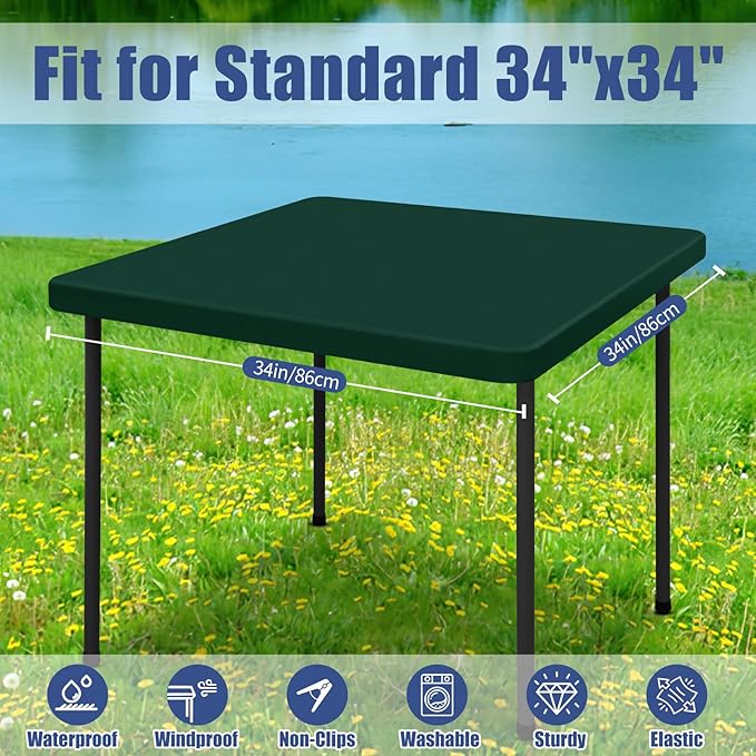 Moosfor Spandex Picnic Table Cloth 2 Pack, Elastic Fitted Tablecloths for Square Tables, Stretch Washable Patio Table Cover for Outdoor, Camping, Banquet and Parties (Hunter Green, 34"x34")