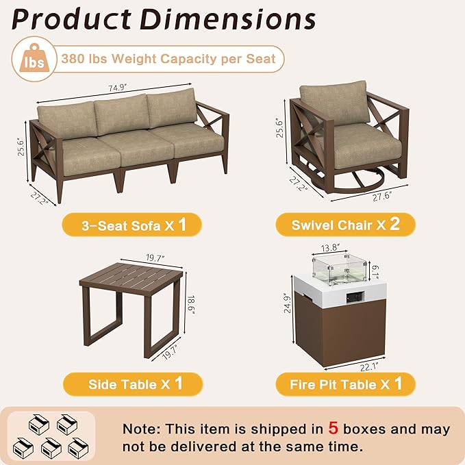MBY Aluminum Patio Furniture Set with Fire Pit Table, 7-Piece All-Weather Outdoor Conversation Set with Swivel Rocking Chairs, Oversized Modern Sofa for Backyard, Deck, Balcony-Brown