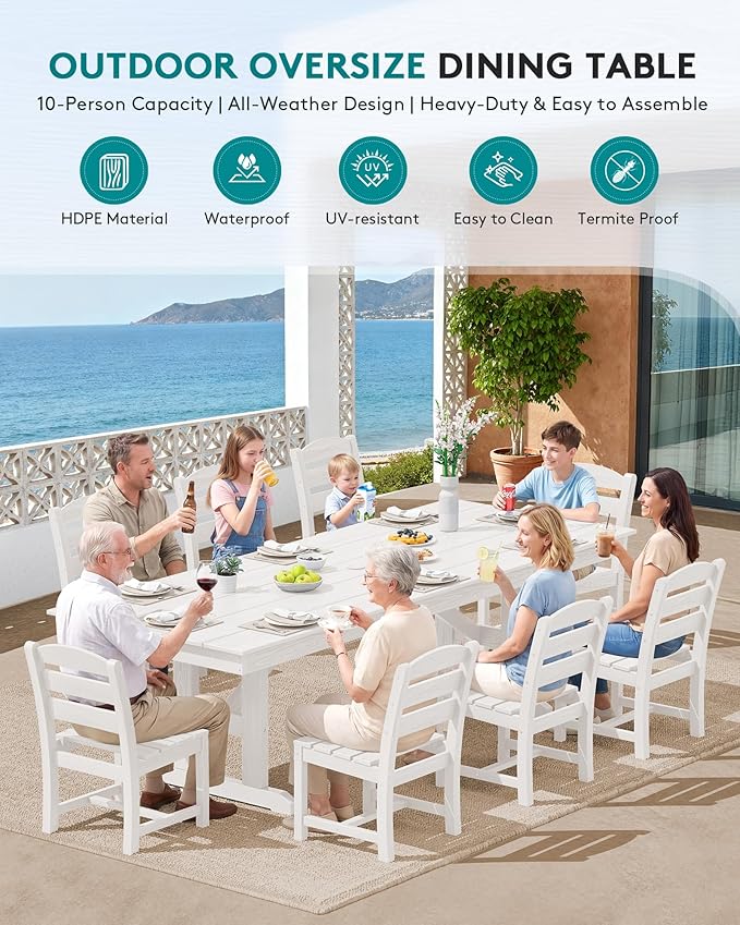 SERWALL 9 Piece Outdoor Dining Set, 84" HDPE Outdoor Table and Armless Chairs Set for 8，All Weather Patio Furniture Set with Umbrella Hole for Backyard, Garden, White