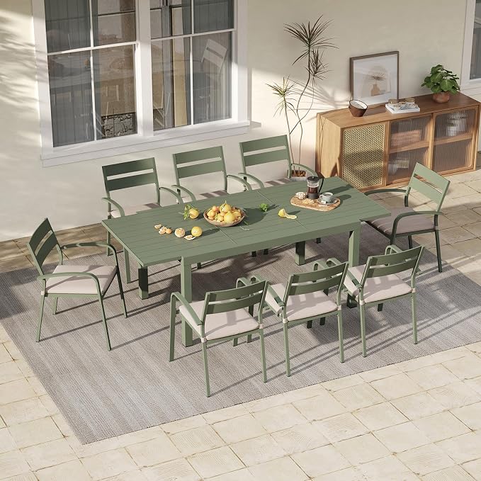 Soleil Jardin 9-Piece Outdoor Patio Dining Set, 59" - 83" Aluminum Expandable Outdoor Dining Table Set for 8, 8 Stackable Chairs with Beige Removable Cushions, Green