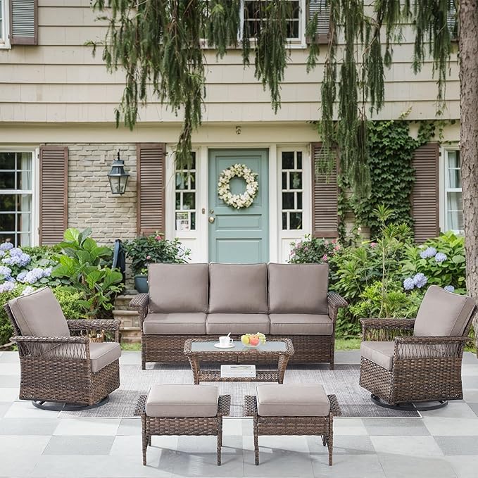 Patio Furniture Set 2 Wicker Swivel Glider Chairs 2 PE Rattan Ottomans with Grey Cushions Patio PE Rattan Sofa Coffee Table Brown Wicker Patio Conversation Set 6pcs for Patio