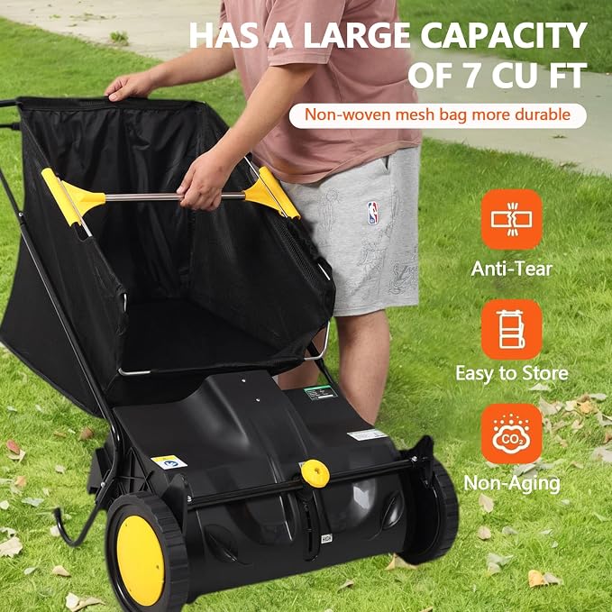 21" Hand-Push Lawn Sweeper | 4 Heavy-Duty Brushes & Wheels, Adjustable Height, 3.5 FT Large Hopper | for Efficient Leaf and Grass Collection in Lawns, Yards, Gardens