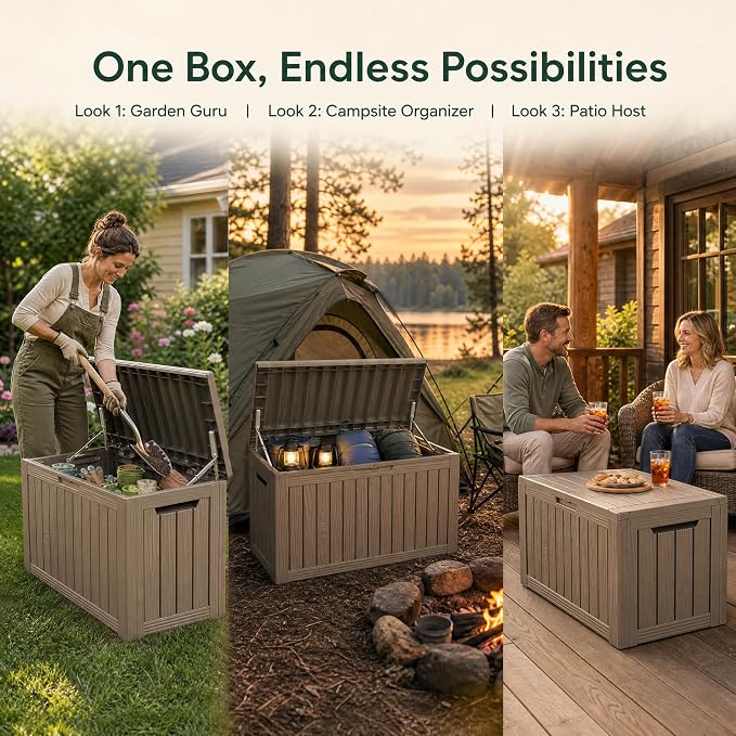 98 Gallon Large Deck Box, Waterproof Resin Outdoor Storage Box Lockable, Patio Storage Bench for Furniture Cushions & Garden Tools, 2-Person Seat, UV-Resistant, Gray Brown