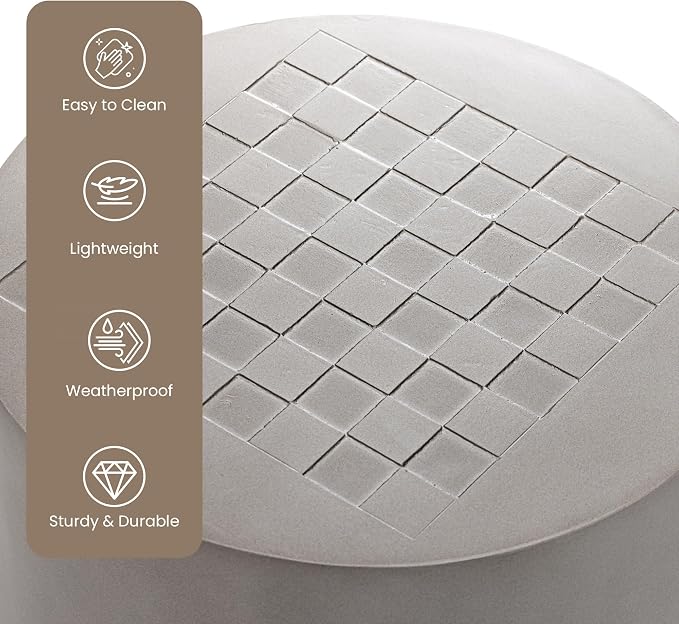 HOMPUS Outdoor Side Table with Checkeboard Grain Tabletop, Round Shaped MgO Lightweight Concrete End Tables, Modern Vintage Patio Accent Table for Indoor Outdoor Use, Grey