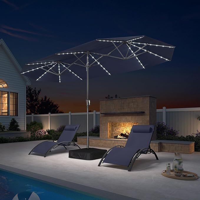 PURPLE LEAF 13ft Double-Sided Patio Umbrella with Solar Lights Outdoor Market Umbrella with Base and Crank Handle Table Umbrella for Backyard Pool Garden Deck, Navy blue