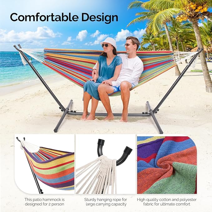 ONCLOUD 550 LBS Capacity Double Hammock with Stand Included with Portable Carrying Bag, Heavy Duty 2-Person Hammock for Outdoors & Indoors - Desert Stripe, Series TDCTZ1 - Rainbow Stripe