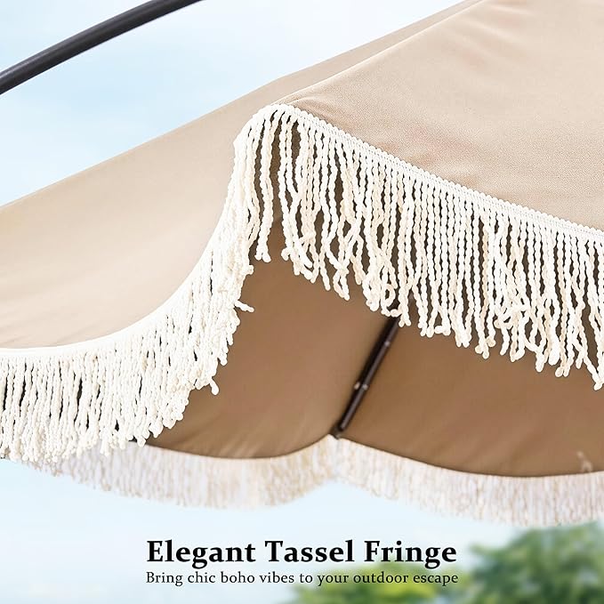MONDAWE 10FT Cantilever Patio Umbrella with Tassels, 360° Rotation Offset Outdoor Umbrella, Heavy Duty Backyard Shade Umbrella with 180G Fabric for Patio Garden Deck