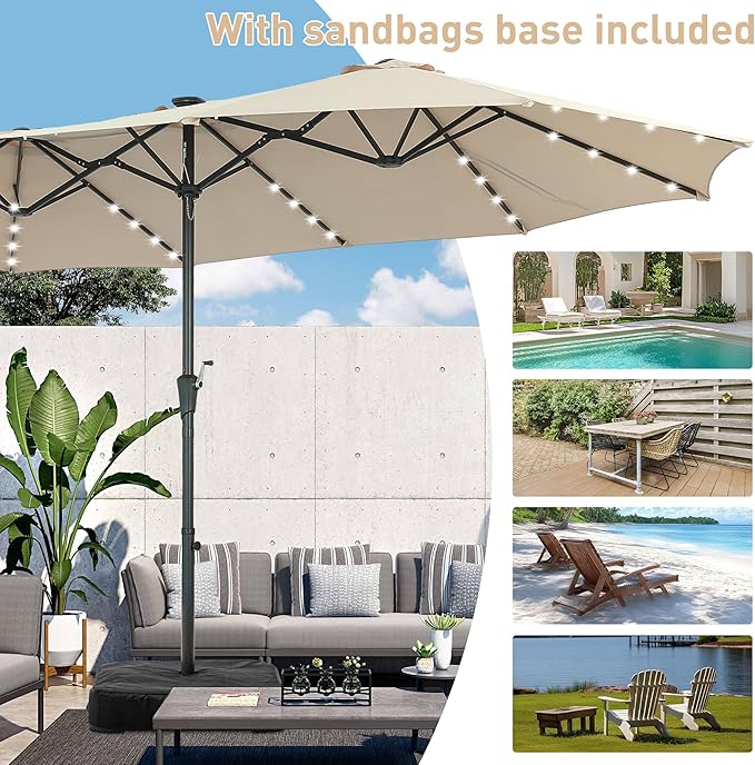 15 ft Patio Umbrella with 48 LED Lights, Large Rectangle Outdoor Solar Umbrella with Matching Base, Strap, Crank, Khaki