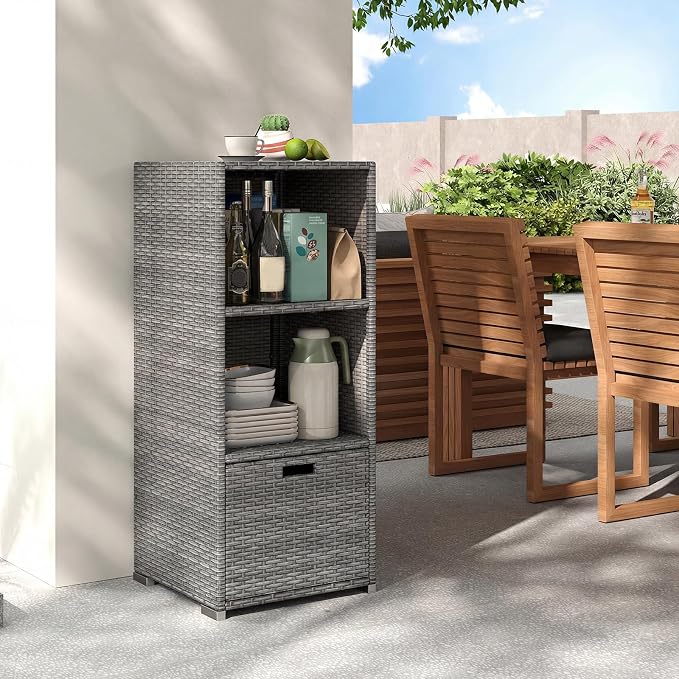 Tangkula Rattan Outdoor Storage Cabinet, Patiojoy Outdoor Wicker Cabinet with 3 Shelves, 1 Removable Drawer, Patio Storage Deck Box for Backyard Poolside Porch