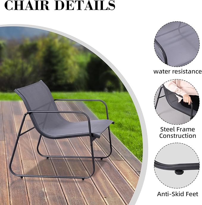 4 Piece Patio Furniture Set, Outdoor Conversations Sets for Patio, Lawn, Garden, Poolside with a Glass Coffee Table, Heathered Grey Fabric with Black Frame