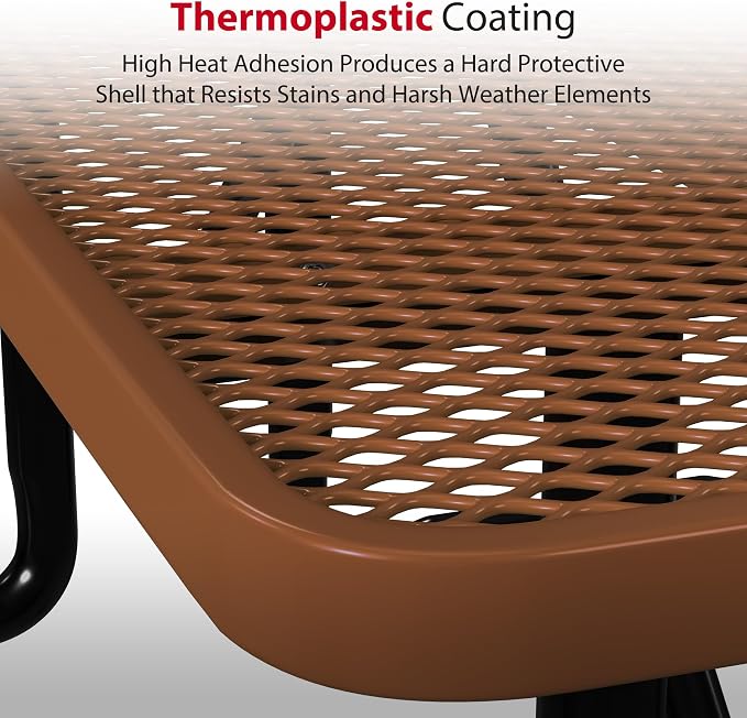Leisure Craft Metal Picnic Table with Bench - 6 ft Rectangle Outdoor Dining Table for 6, Umbrella Hole, Weatherproof Heavy Duty Thermoplastic Coating, Commercial Grade Furniture Made in USA - Brown